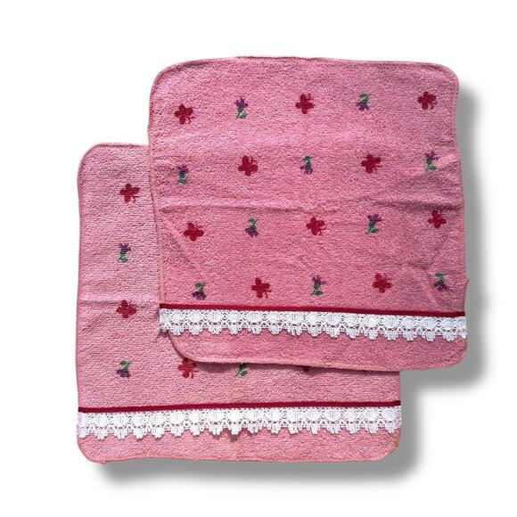 Vtg Dundee Brand Lace Trim Pink Face Cloth Cotton Floral Butterfly Cottage New - Picture 7 of 11